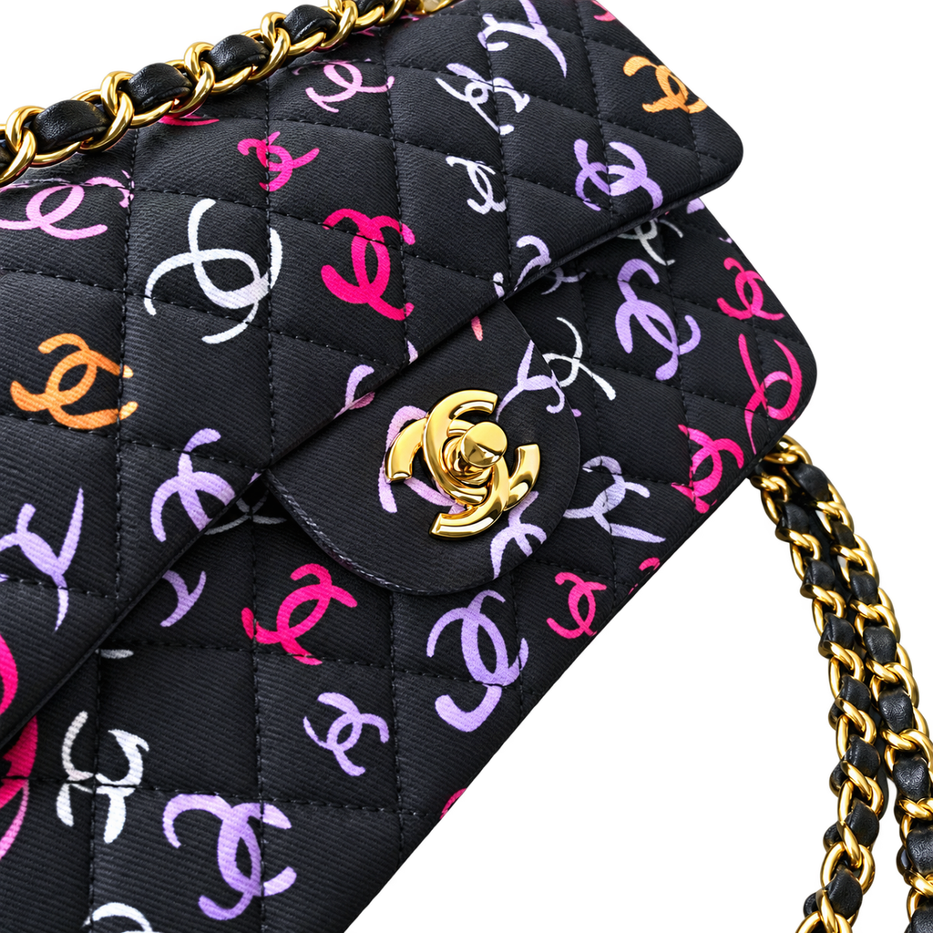 Chanel CC Print Classic Flap Bag | Black Quilted Satin — 23cm