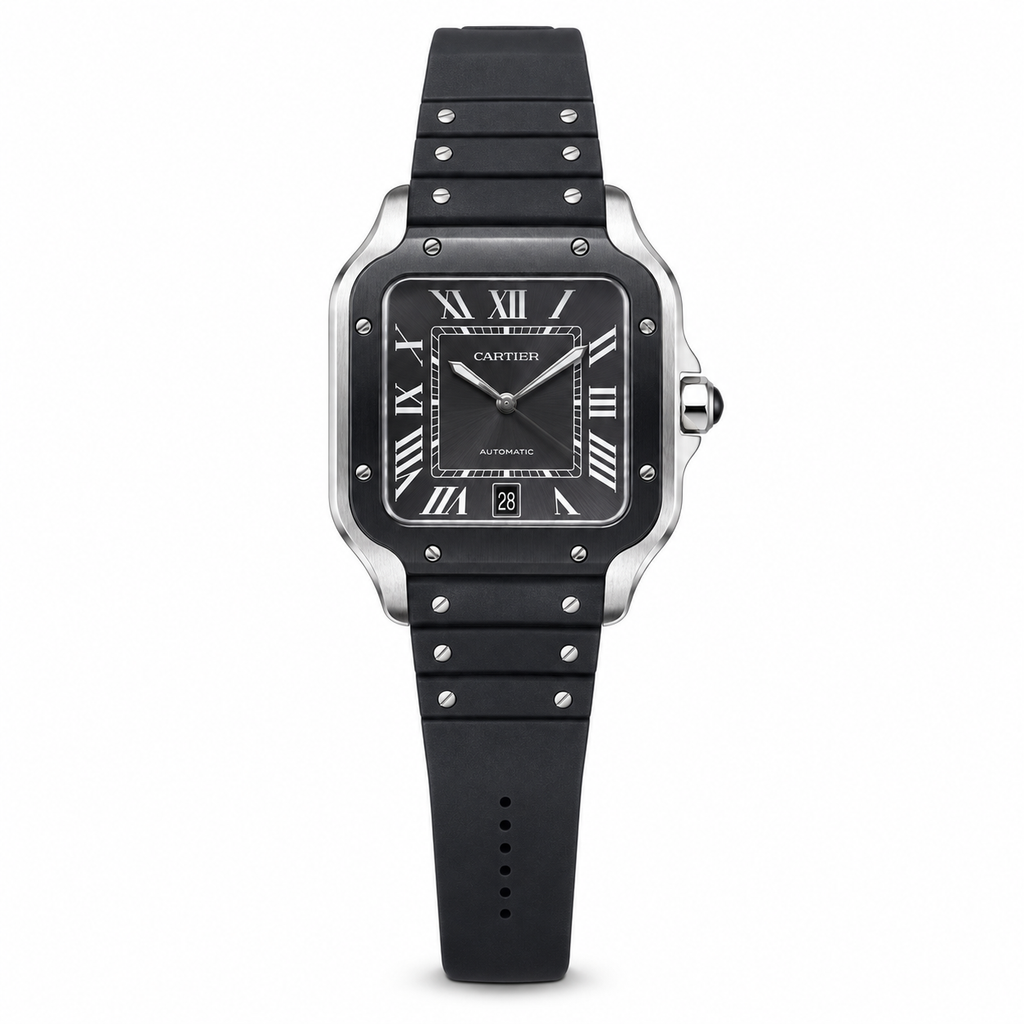 Cartier Santos Large Steel ADLC Black Dial Automatic Rubber Strap Watch – KDY