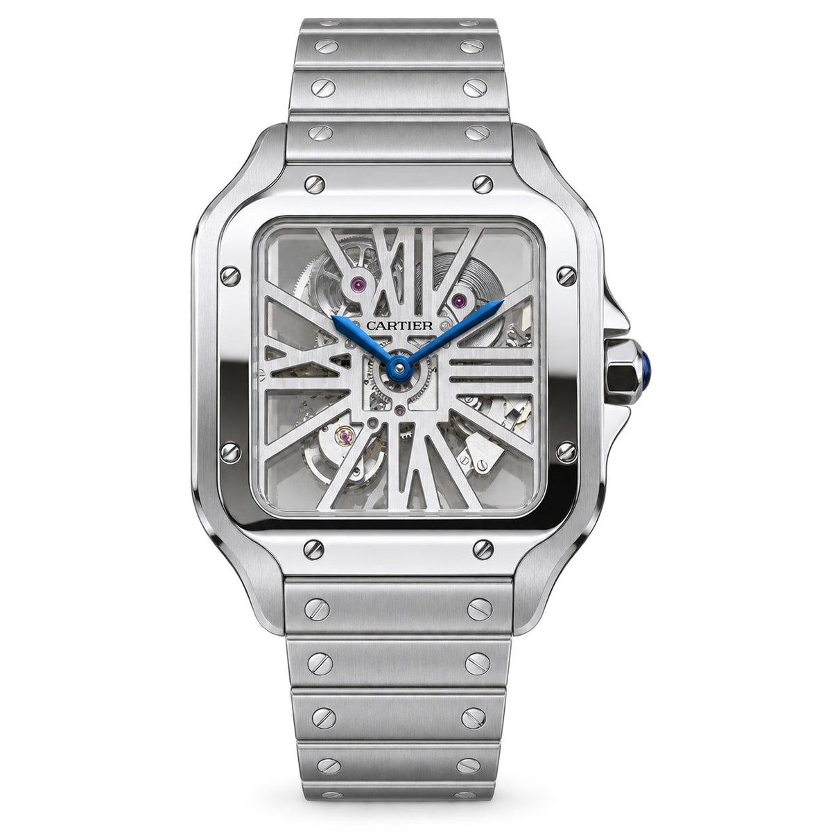 Cartier Santos de Cartier Large Stainless Steel Skeleton Silver Roman Numeral Steel Bracelet Automatic Watch