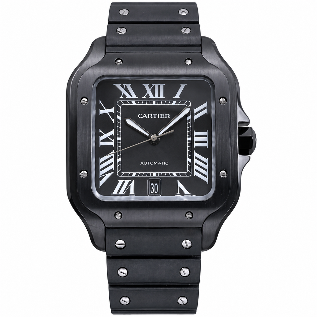 Cartier Santos de Cartier Large All-Black ADLC Coated Black Dial Rubber Strap Watch