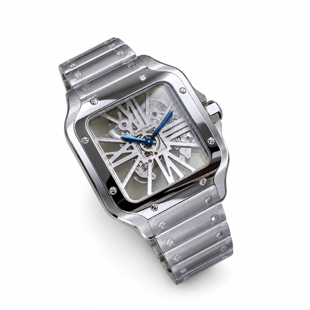 Cartier Santos Large Steel Skeleton Dial Blue Hands Automatic Bracelet Watch – KDY