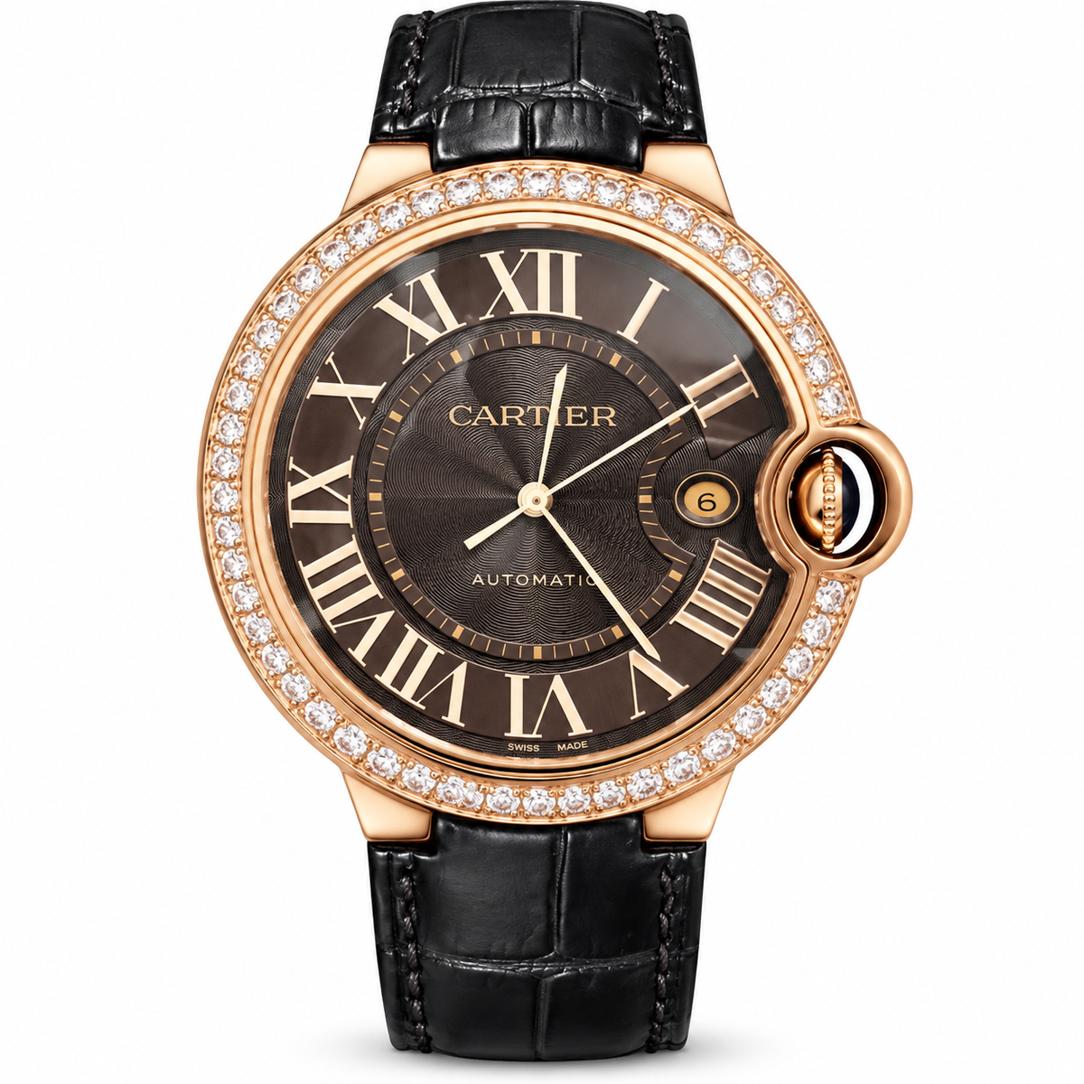 Cartier Ballon Bleu 18K Rose Gold Diamond Bezel Black Guilloché Dial Automatic Watch