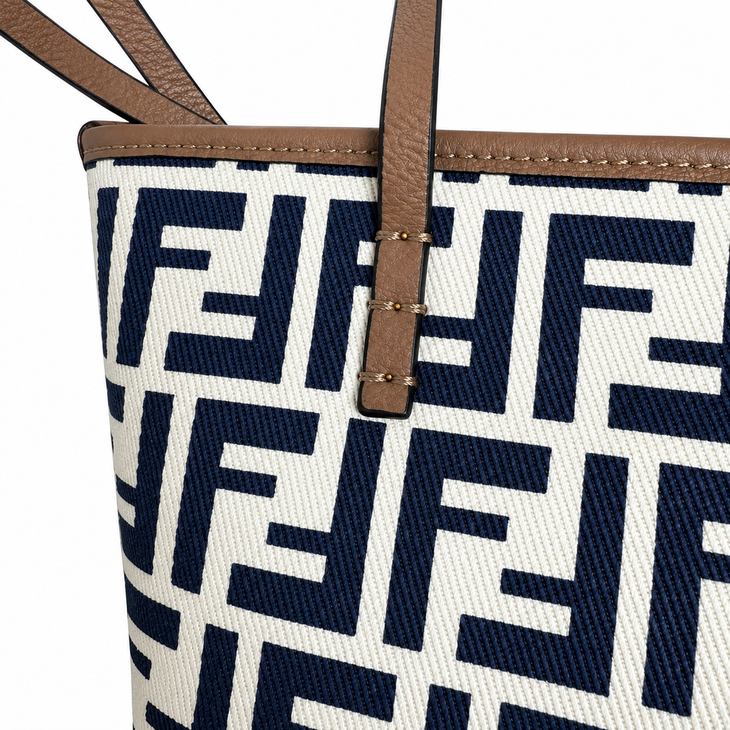 Fendi FF Medium Tote Bag – Jacquard Canvas & Leather Handles, Open Top, 23cm