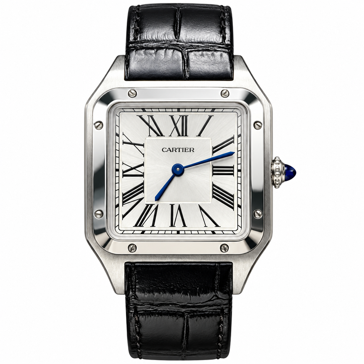 Cartier Santos-Dumont Stainless Steel White Dial Black Alligator Strap Watch