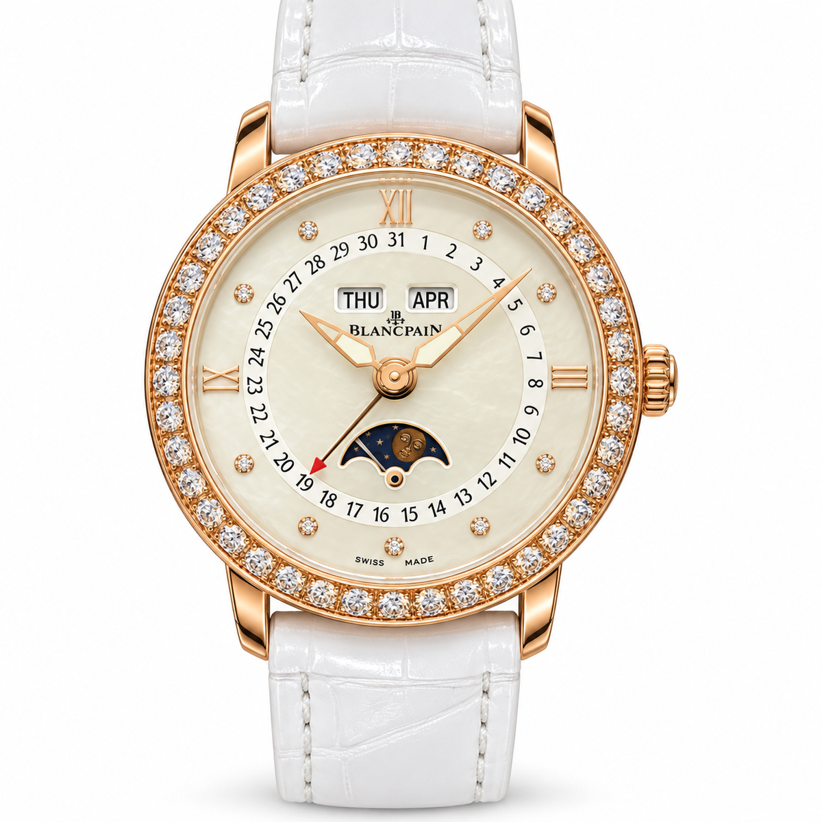 Blancpain Villeret Moonphase Full Calendar Rose Gold Diamond Bezel Ladies Watch