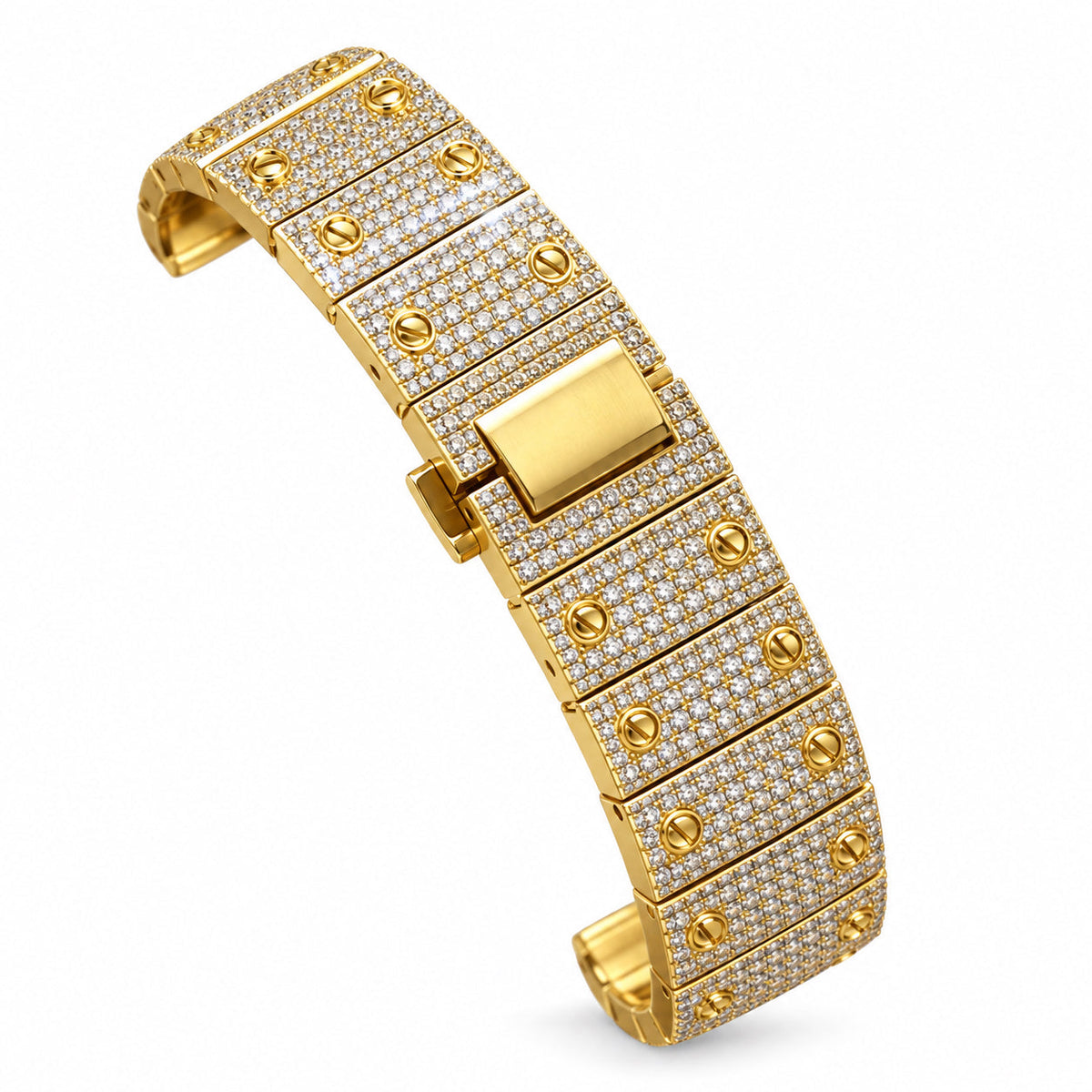 Cartier Santos de Cartier Skeleton Iced Out Yellow Gold Full Pavé Diamond Bracelet Watch