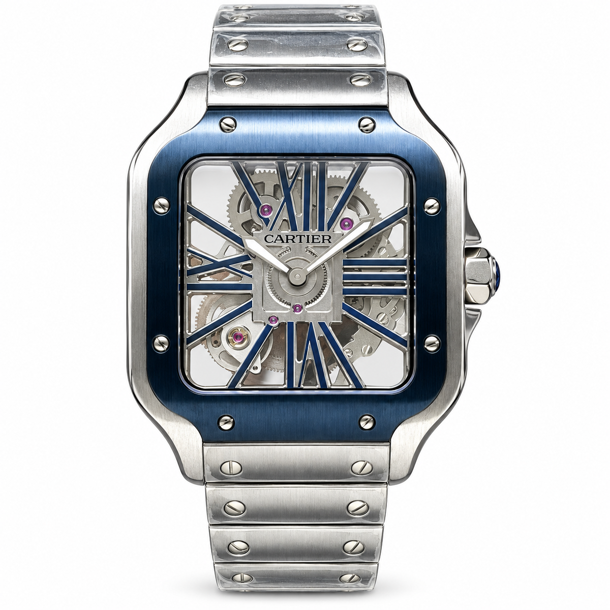 Cartier Santos de Cartier Skeleton Blue ADLC Bezel Stainless Steel Bracelet Watch