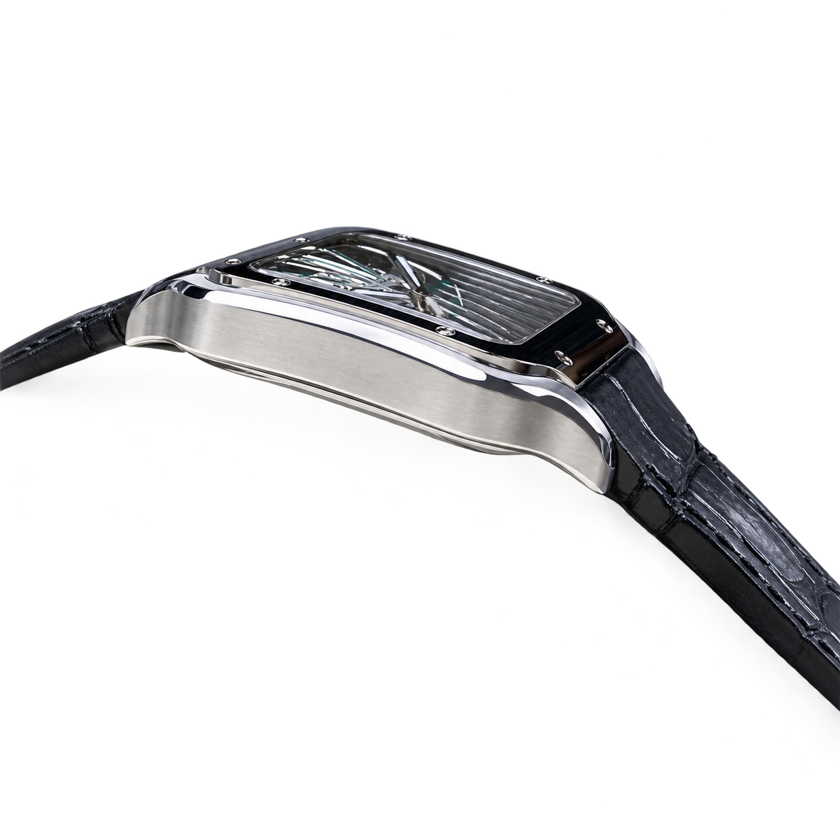 Cartier Santos Skeleton Green Dial Steel Black Strap Watch – KDY