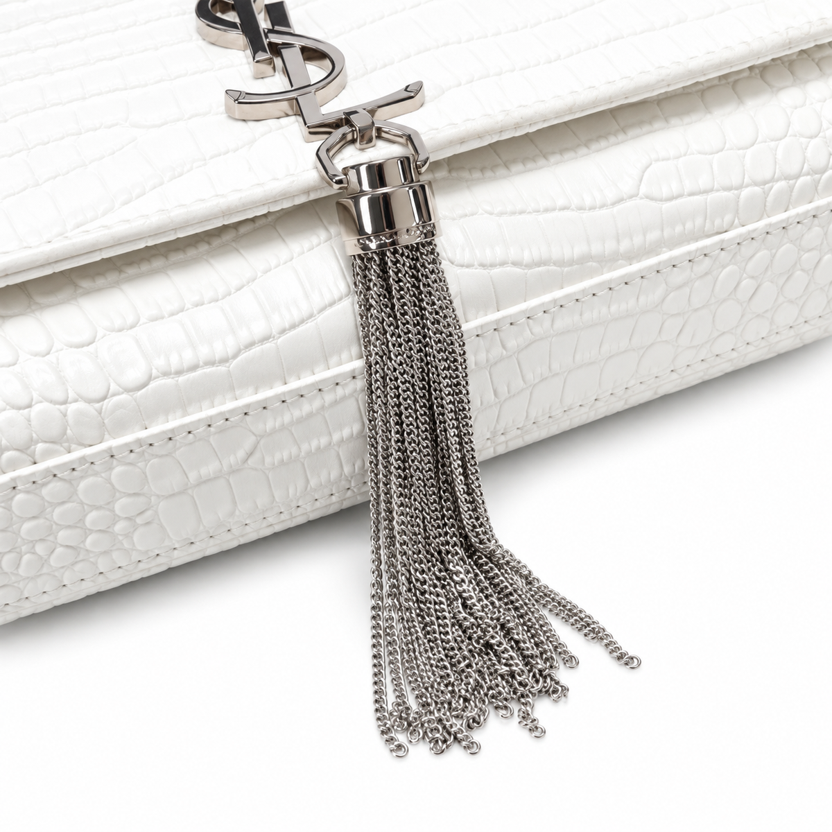 Saint Laurent YSL Kate Tassel Bag – White Croc Silver
