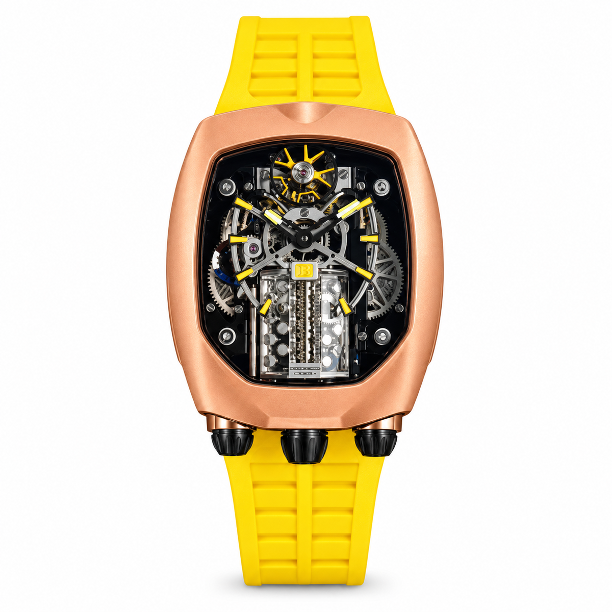 Jacob & Co. x Bugatti Chiron Rose Gold Skeleton Tourbillon Engine Yellow Rubber Watch