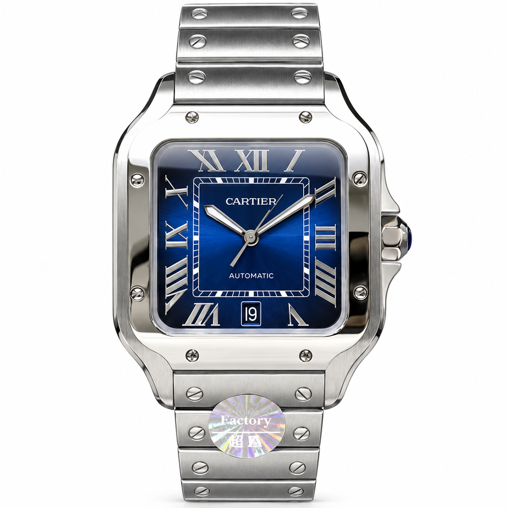 Cartier Santos de Cartier Large Stainless Steel Deep Navy Blue Dial Automatic Date Integrated Bracelet Watch