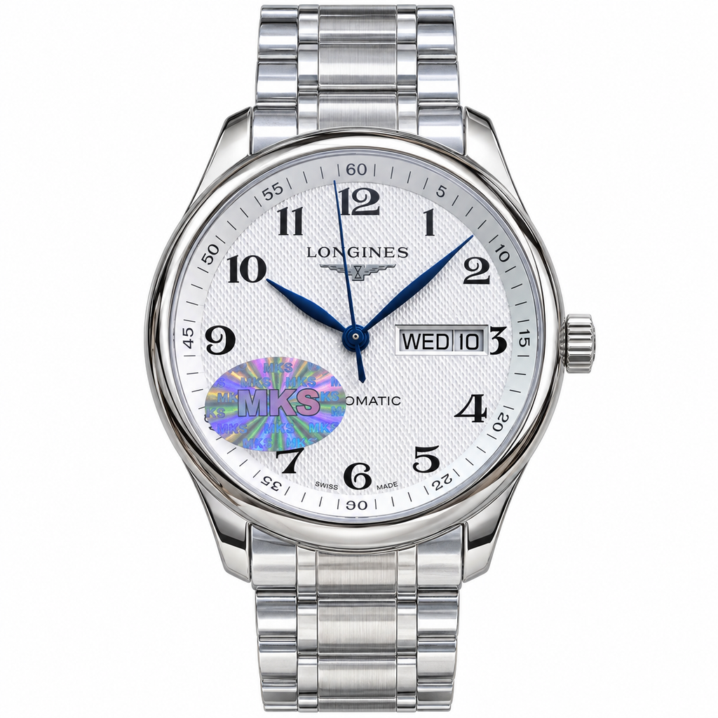 Longines Master Collection white guilloché dial blue steel hands day-date display stainless steel bracelet automatic dress watch