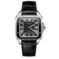 Cartier Santos Large — Steel & Black ADLC, Black Dial, Roman Numerals, Date & Black Alligator Strap, Automatic