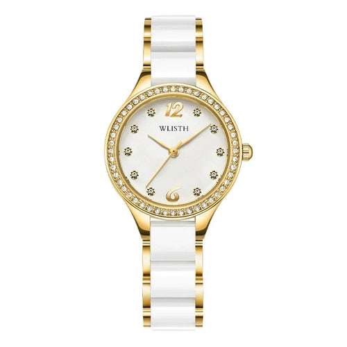 Anne Klein — Gold-Tone, Crystal Bezel, Pink MOP Dial & White Ceramic Bracelet, Women