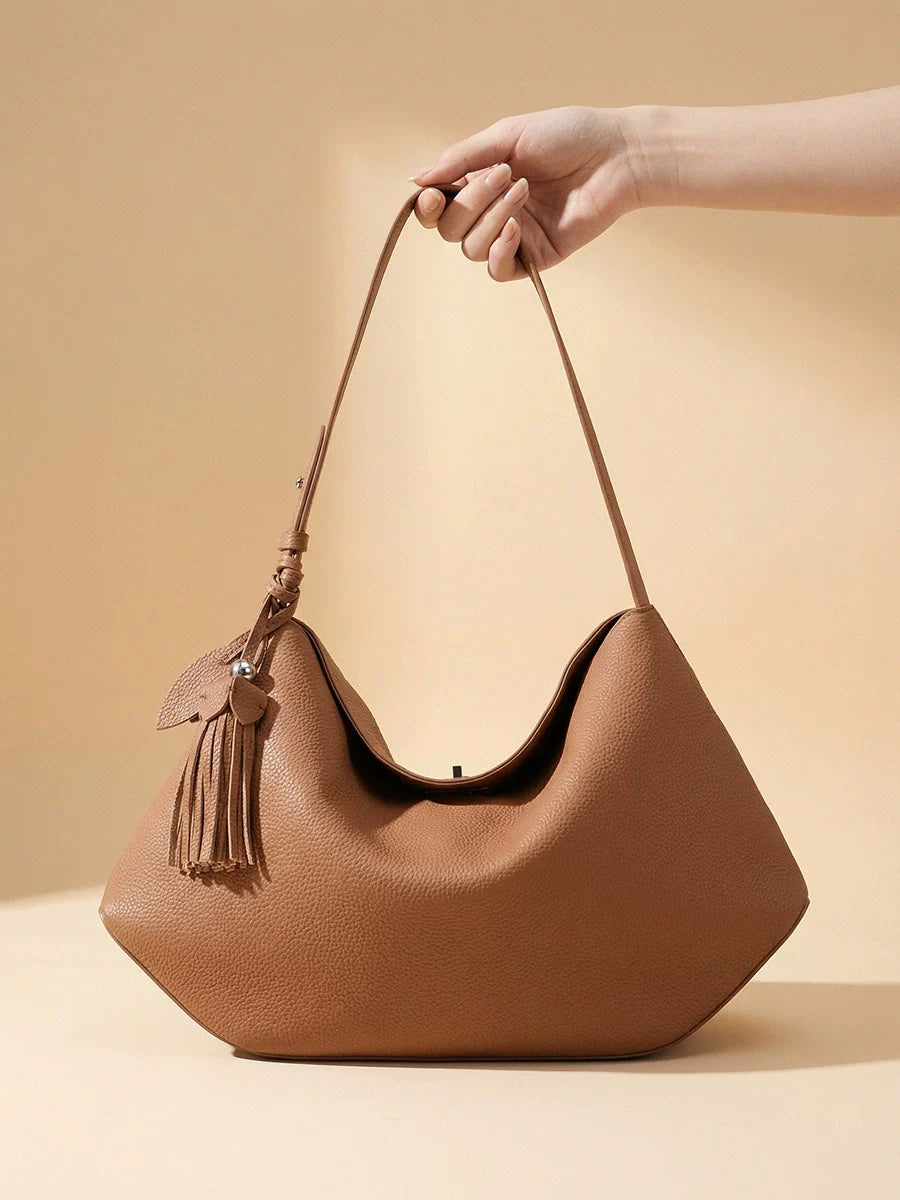 Cognac Pebbled Leather Geometric Hobo Shoulder Bag with Tassel Charm