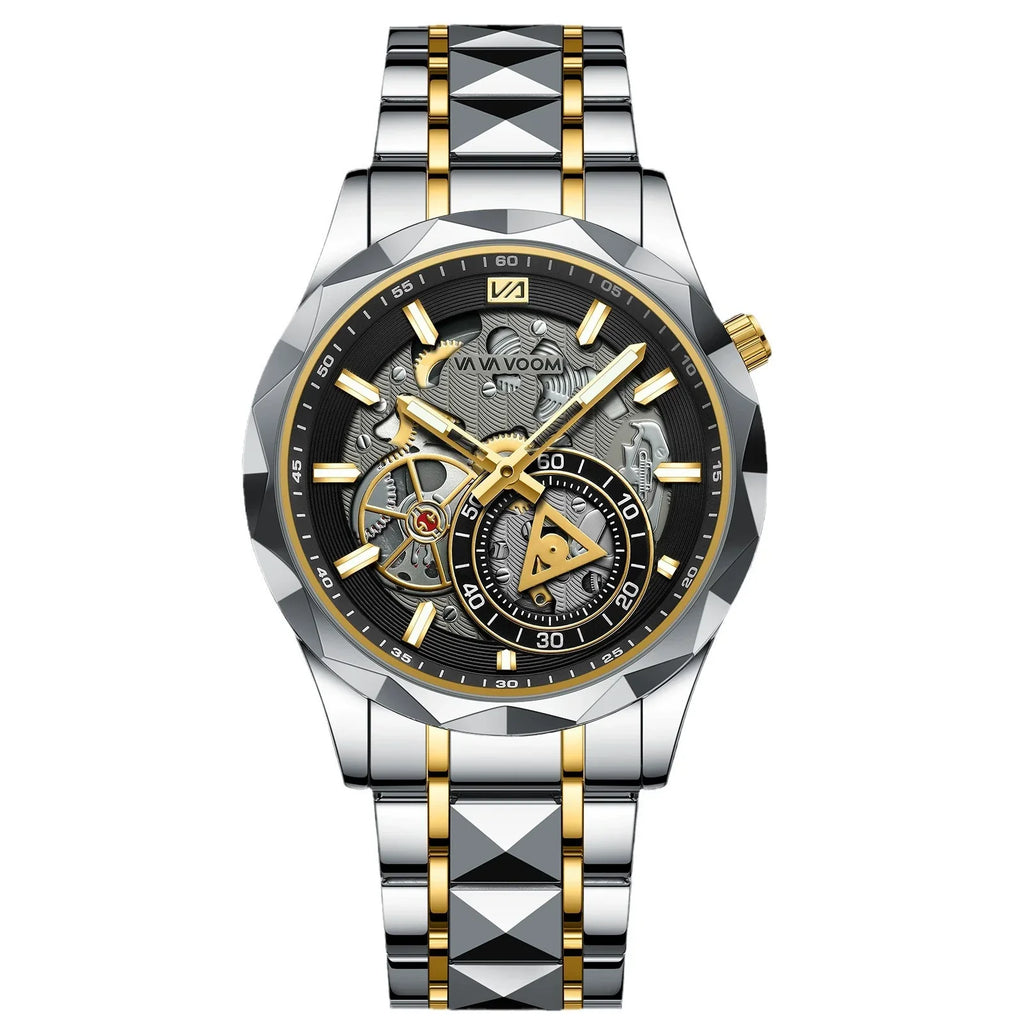 VAVA VOOM Skeleton Automatic Watch Faceted Black Ceramic Bezel Gold Inner Ring Two-Tone Pyramid Link Bracelet Men