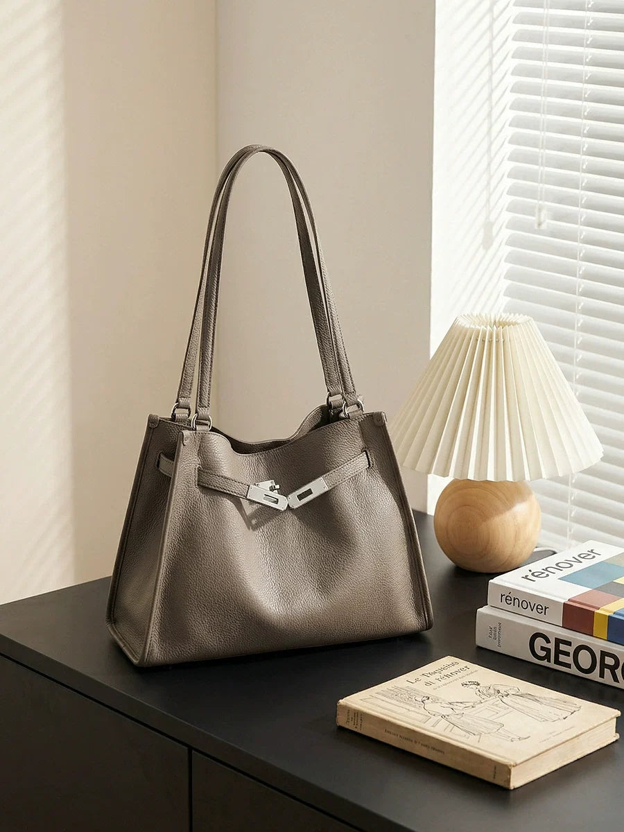 Etoupe Pebbled Leather Hobo Shoulder Bag with Front Push-Lock